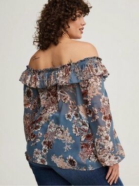 Torrid Floral Off Shoulder Blouse Size 1X Blue Boho Ruffle Long Sleeve Chiffon